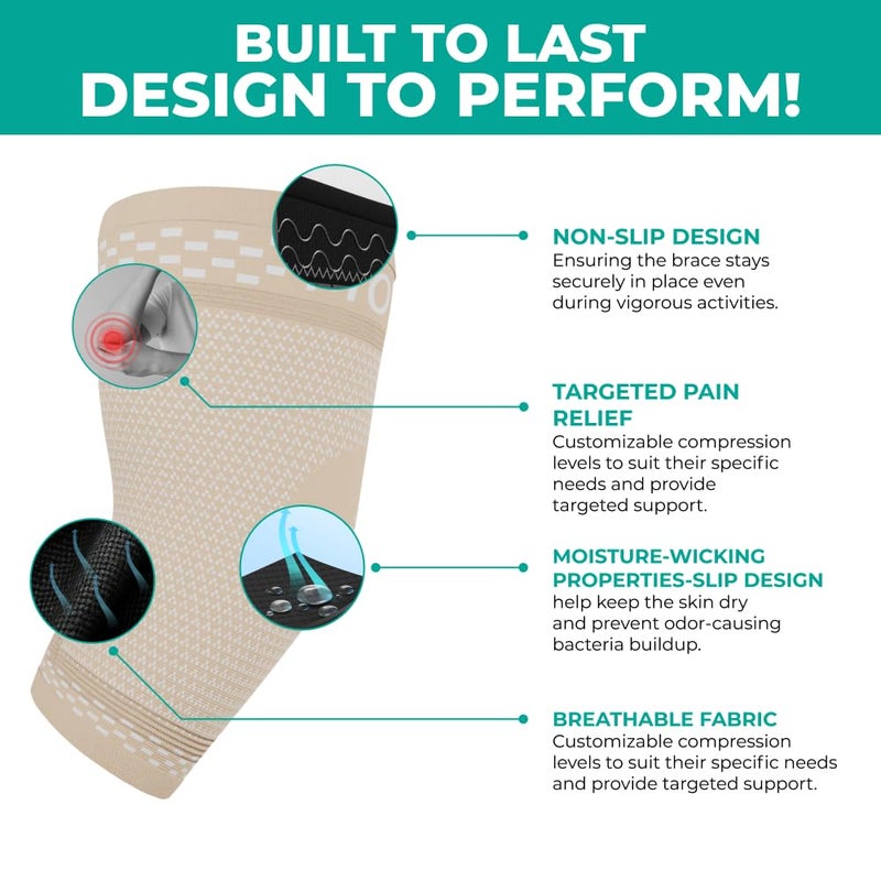 Modvel 2 Pack Elbow Brace - Golfer's Elbow Compression Sleeve Support for Joint Pain Relief, Recovery, Tendonitis Braces, Tennis Elbows Brace For Men & Women, Workout & Weightlifting Arm Wrap, Nude - Image 5