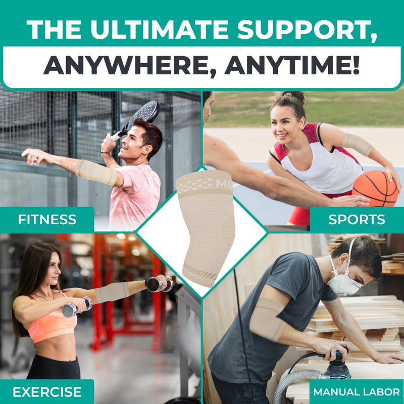 Modvel 2 Pack Elbow Brace - Golfer's Elbow Compression Sleeve Support for Joint Pain Relief, Recovery, Tendonitis Braces, Tennis Elbows Brace For Men & Women, Workout & Weightlifting Arm Wrap, Nude - Image 4