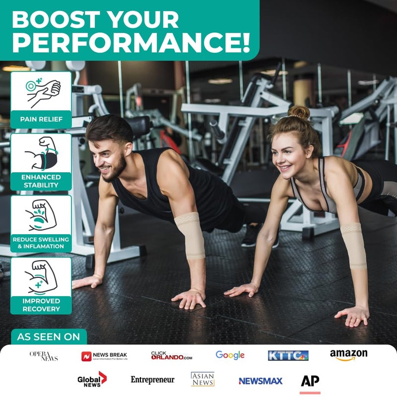 Modvel 2 Pack Elbow Brace - Golfer's Elbow Compression Sleeve Support for Joint Pain Relief, Recovery, Tendonitis Braces, Tennis Elbows Brace For Men & Women, Workout & Weightlifting Arm Wrap, Nude - Image 3