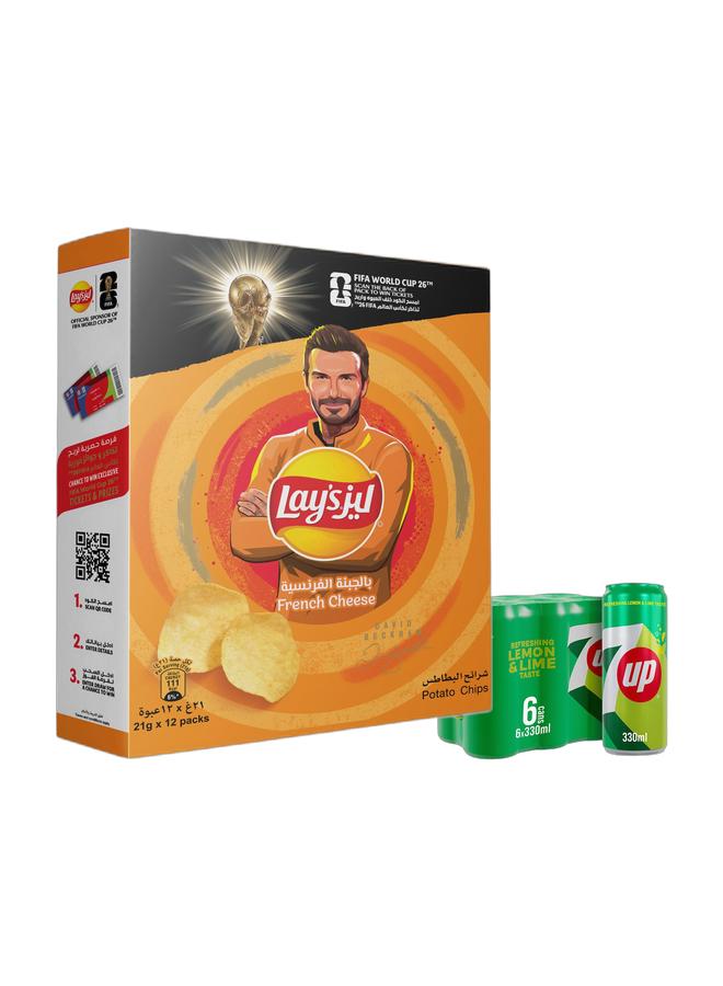 Mountain Dew Lays French Cheese 21grams Pack of 12 + Mountain Dew Carbonated Soft Drink Cans 330ml Pack of 6