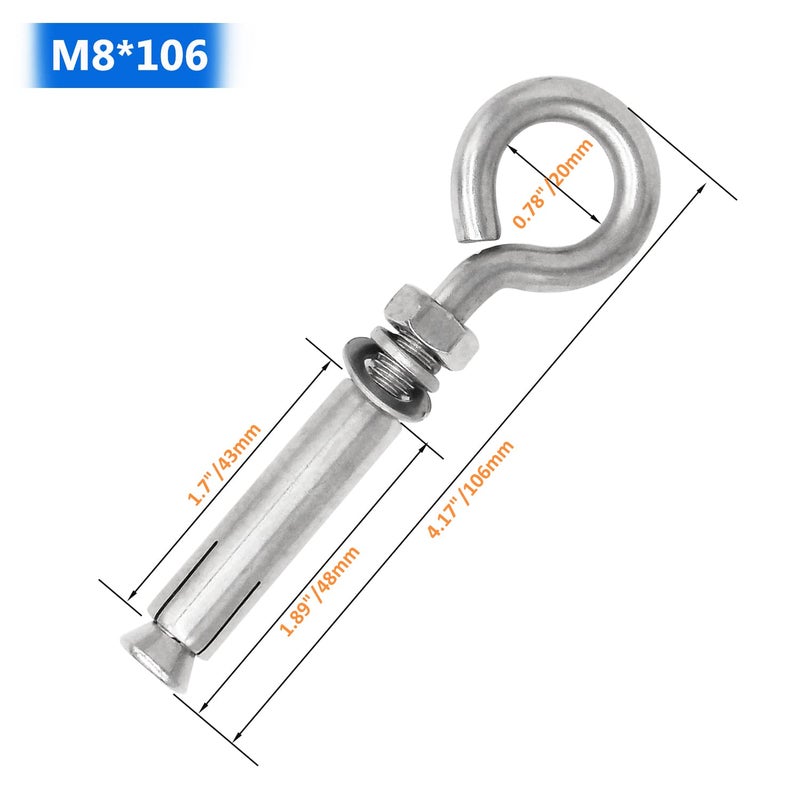 Cukayo 5/16"" X 4-3/16"" Expansion Concrete Wall Anchors Eyebolt Screw  Heavy Duty 304 Stainless Steel Shoulder Lag Eyebolts For Concrete Wall  5 Pack - Image 2