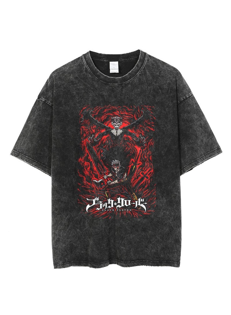 Washed retro T-shirt street hip hop anime Black Clover casual cotton summer short sleeves - Image 1
