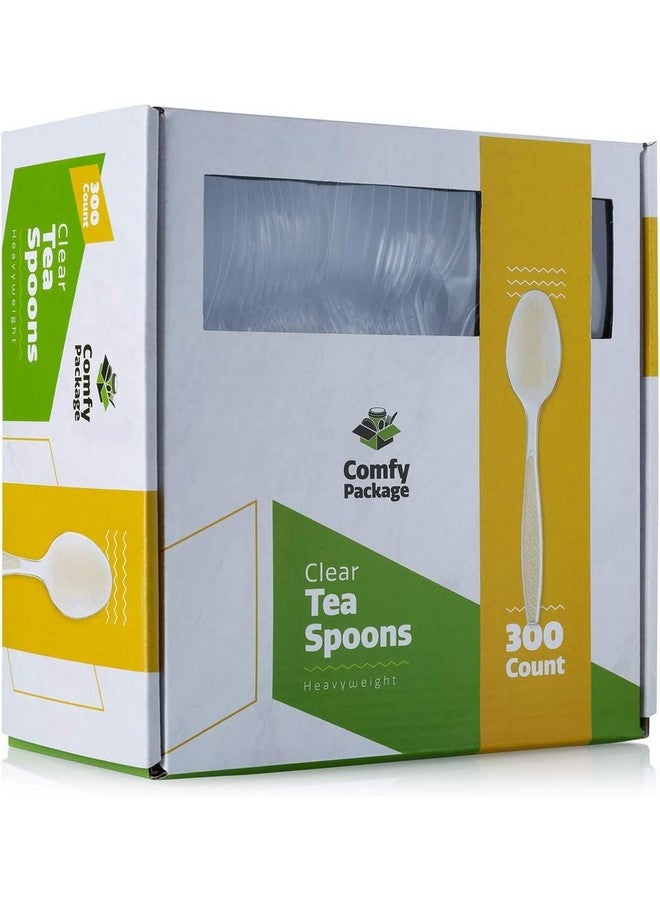Comfy Package [300 Pack] Heavyweight Clear Plastic Tea Spoons with Engraved Design - Disposable Sturdy Plastic Utensils for Parties, Weddings, and Events - Image 1
