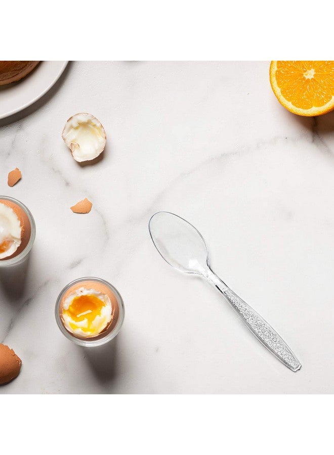 Comfy Package [300 Pack] Heavyweight Clear Plastic Tea Spoons with Engraved Design - Disposable Sturdy Plastic Utensils for Parties, Weddings, and Events - Image 4