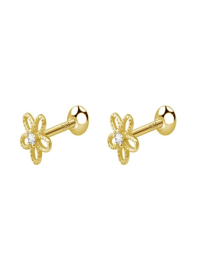 Dtja 18G Daisy Flower Stud Cartilage Earrings for Women Girls 925 Sterling Silver CZ Tiny Cute Floral 3mm Ball Barbell Screw Back Studs Sleeper Tragus Post Hypoallergenic Piercing Body Jewelry Gifts (Gold) - Image 1
