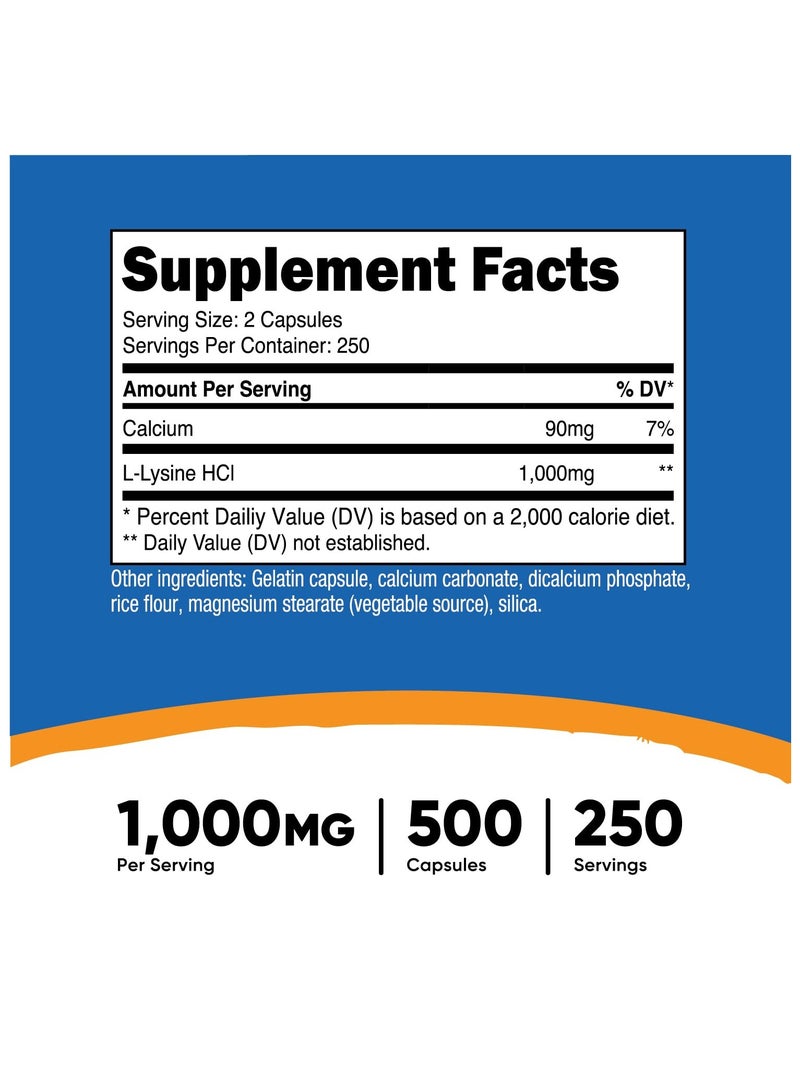 Nutricost L Lysine As L-Lysine Hci 1000 Mg L-Lysine Hci Per Serving 500 Capsules 250 Servings  - Image 2