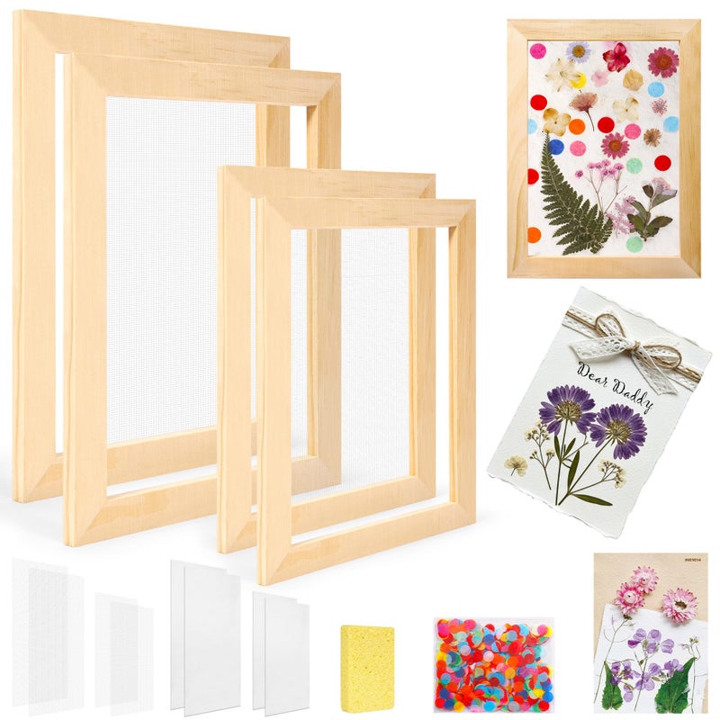 Aboofx Paper Making Kit A5 A6 Size Paper Making Screen Frame Kit Wooden Mold and Deckle with Mesh Absorbent Papers Sponge and Confetti DIY Handmade Papers Making Supplies Gift for Craft Lovers - Image 2