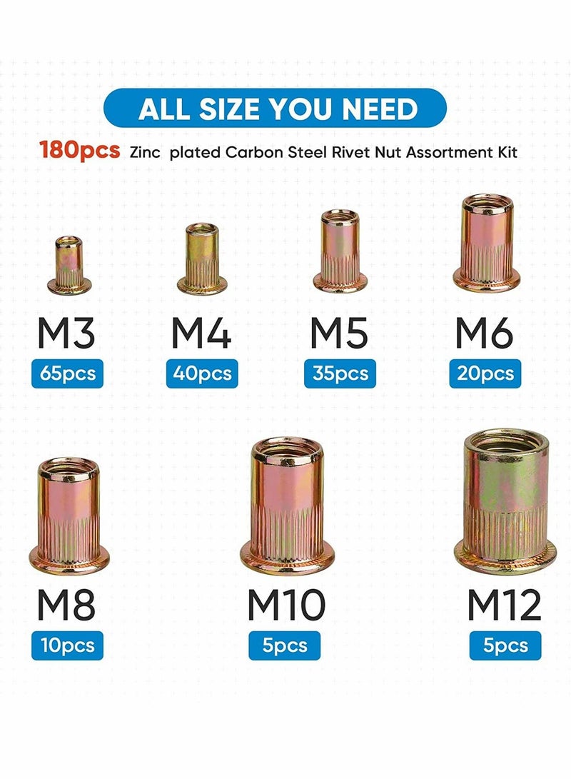 واي آند دي Metric Rivet Nut Kit, Heavy Duty Zinc Plated Carbon Steel Flat Head Insert with Knurled Body (Metric Assortment Kit M3, M4, M5, M6, M8, M10, and M12)  - Image 4