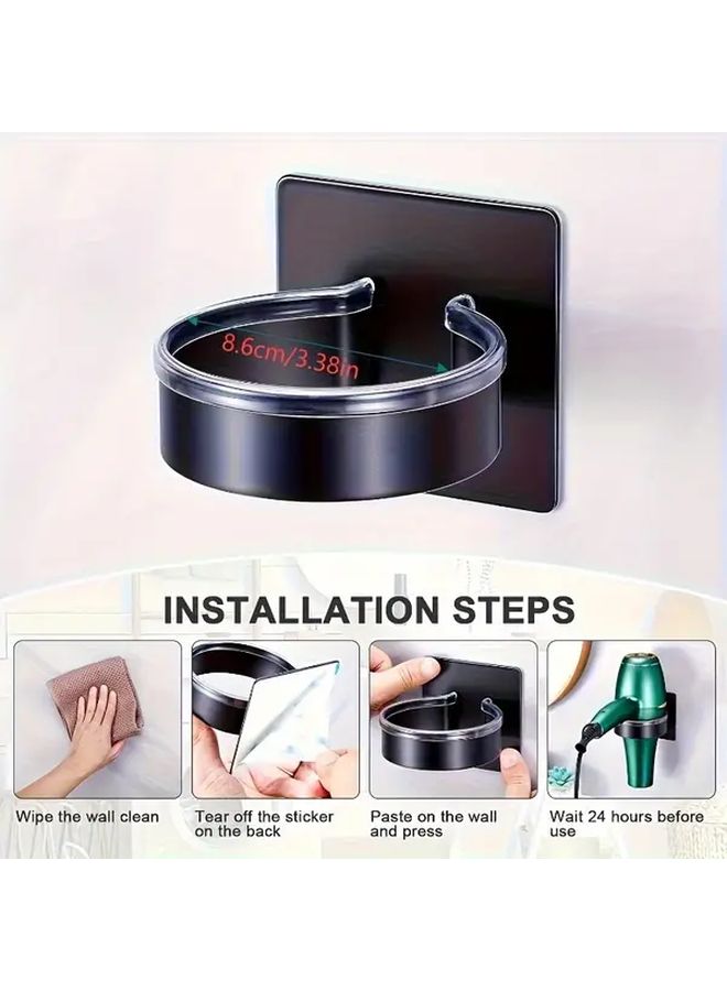 Black No Drill Hair Dryer Holder With Hooks For Bathroom Organizer And Storage - Image 3