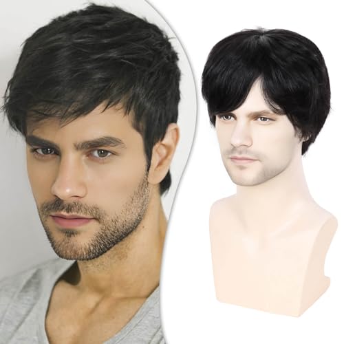 Creamily Mens Short Black Human Hair Wig Layered Straight Natural Black Wig Men Hair Replacement Mens Wig Male Wig Daily Wear Halloween Party - Image 1