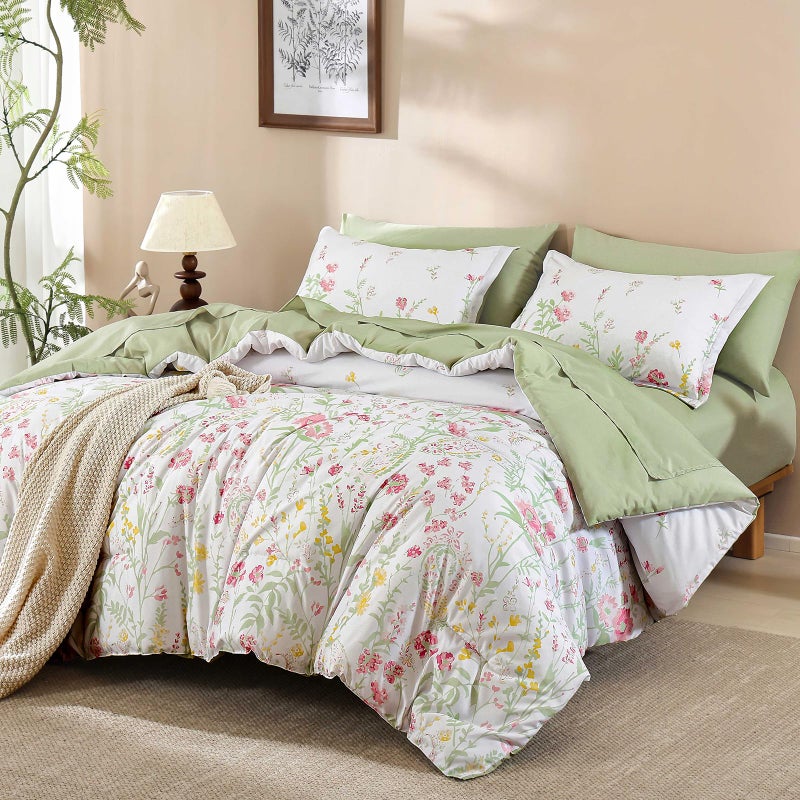 Yiran 7 Piece Floral Full Size Comforter Set, Pink Green Cute Watercolour Comforter Bedding Set, Summer Botanical Bed in a Bag, Soft Microfiber Complete Bedding Set with Sheets for All Season - Image 1