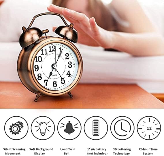 STL STL Retro Alarm Clock Twin Bell with Night LED Function Non Ticking Metal Frame High Volume Bedside Alarm for StudentsBedroomOffice Copper - Image 4