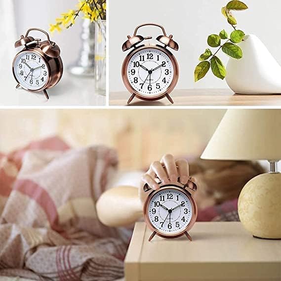 STL STL Retro Alarm Clock Twin Bell with Night LED Function Non Ticking Metal Frame High Volume Bedside Alarm for StudentsBedroomOffice Copper - Image 2