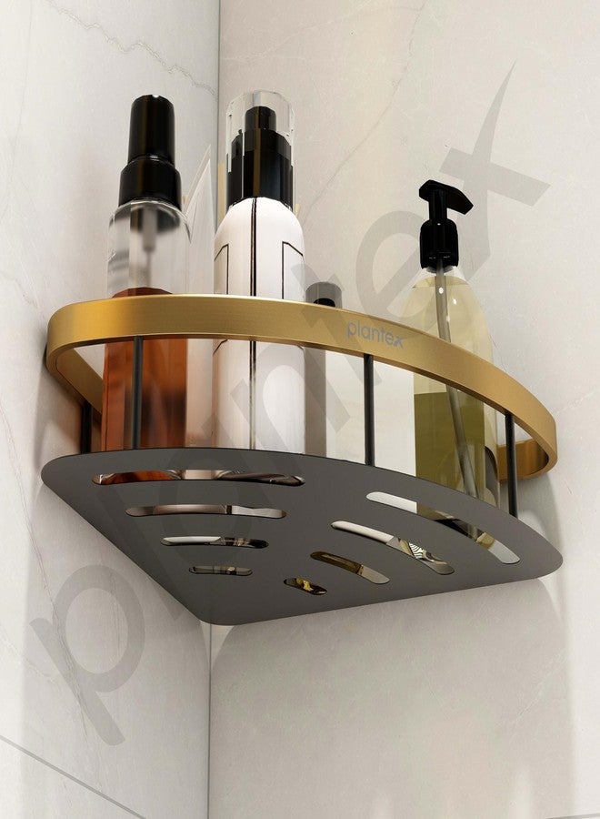 Plantex Self Adhesive Bathroom Corner Shelf/Aluminium Wall Mounted Rack for Kitchen Corner with Golden Railing & Magic Stickers/Bathroom Accessories (9x9 inches, Gold & Black) - Image 5
