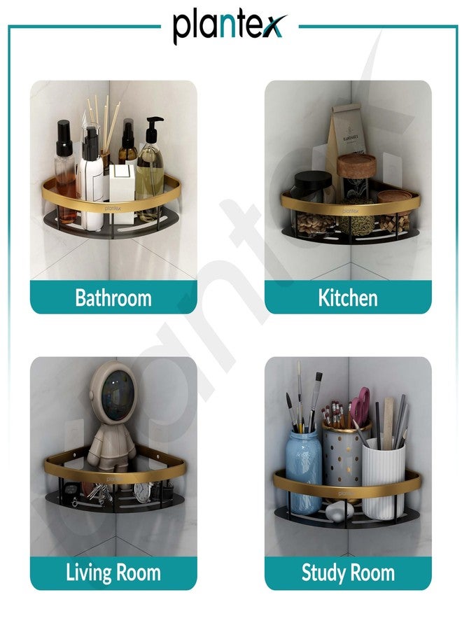 Plantex Self Adhesive Bathroom Corner Shelf/Aluminium Wall Mounted Rack for Kitchen Corner with Golden Railing & Magic Stickers/Bathroom Accessories (9x9 inches, Gold & Black) - Image 4