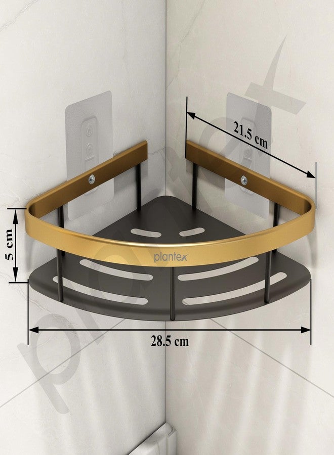 Plantex Self Adhesive Bathroom Corner Shelf/Aluminium Wall Mounted Rack for Kitchen Corner with Golden Railing & Magic Stickers/Bathroom Accessories (9x9 inches, Gold & Black) - Image 3