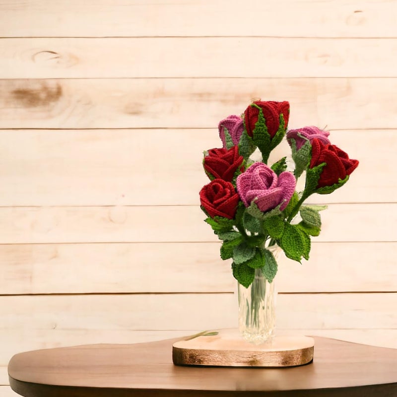 Happy Threads Handmade Crochet red and Pink Roses Floral ArrangementEcoFriendly Elegant Flower Bouquets for Fathers DayBest Decorative Gifting Items for Home and Office - Image 1