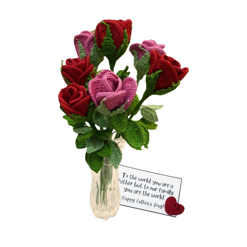 Happy Threads Handmade Crochet red and Pink Roses Floral ArrangementEcoFriendly Elegant Flower Bouquets for Fathers DayBest Decorative Gifting Items for Home and Office - Image 2