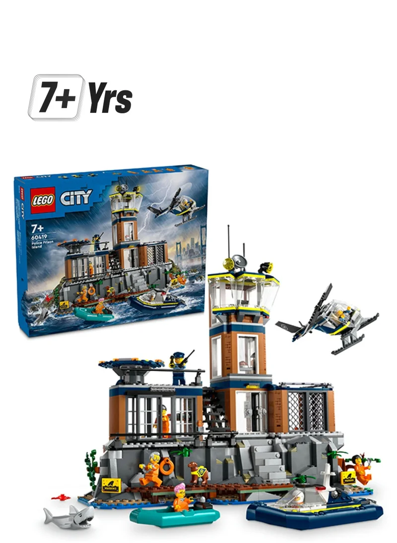 LEGO City Police Prison Island Toy for 7 Plus Year Old Boys, Girls & Kids, Emergency Vehicles Set with Helicopter, Boat, 7 Minifigures, Dog & Shark Figures for Imaginative Play, Birthday Gift 60419