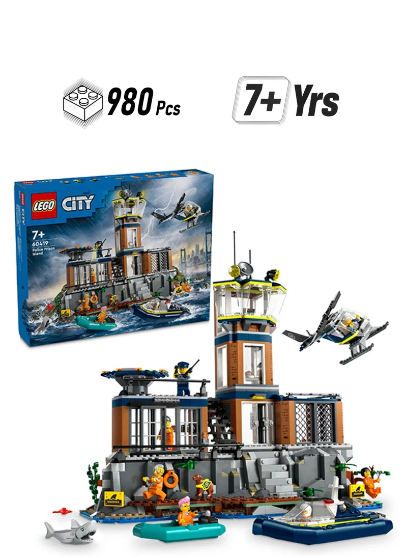 ليغو City Police Prison Island Toy for 7 Plus Year Old Boys, Girls & Kids, Emergency Vehicles Set with Helicopter, Boat, 7 Minifigures, Dog & Shark Figures for Imaginative Play, Birthday Gift 60419