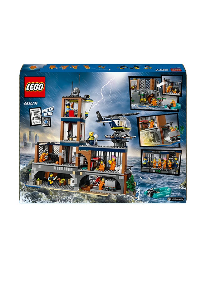 LEGO - 60419 مجموعة بناء لعبة جزيرة سجن الشرطة في المدينة، هدية عيد ميلاد للأولاد والبنات الذين تتراوح أعمارهم بين 7 سنوات وما فوق ويحبون اللعب التخيلي، طائرة هليكوبتر، قارب وزورق، 7 شخصيات صغيرة ورقم كلب وسمكة قرش (980 قطعة) - Image 1
