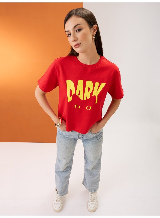 globus Globus Women Red Graphic Print Round Neck Short Sleeves Boxy Fit T-Shirt - Image 5