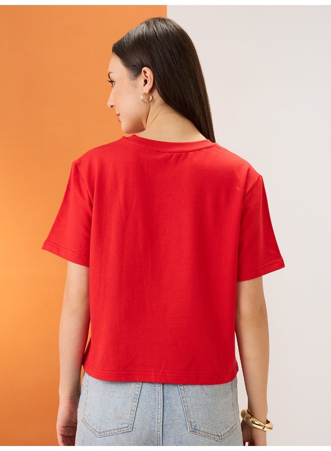 globus Globus Women Red Graphic Print Round Neck Short Sleeves Boxy Fit T-Shirt - Image 3