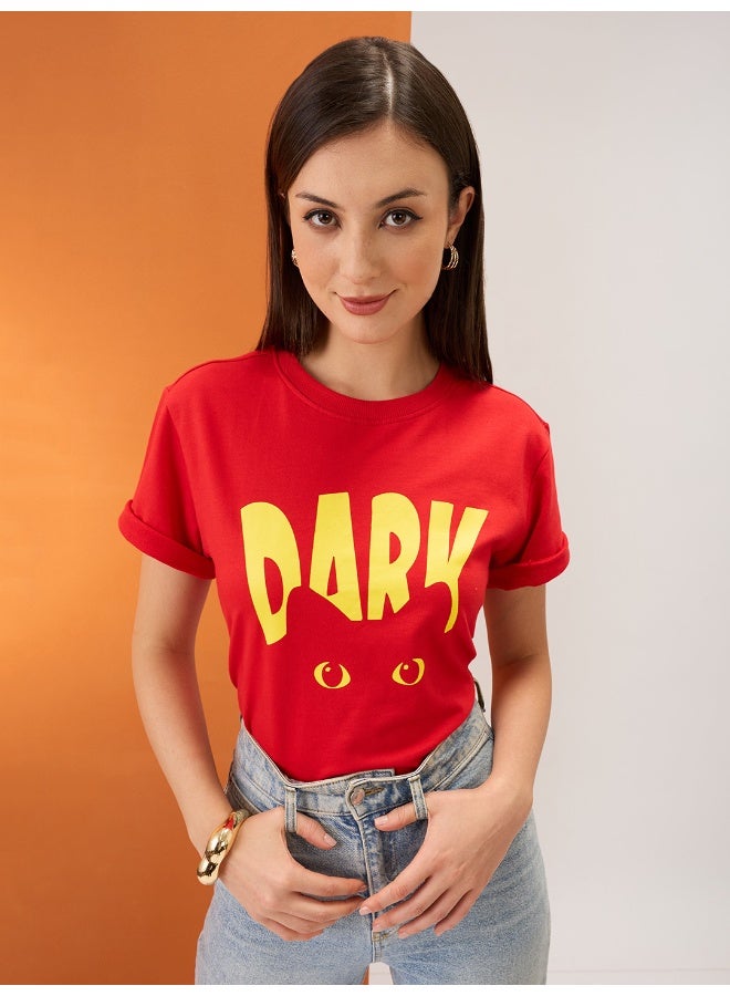 globus Globus Women Red Graphic Print Round Neck Short Sleeves Boxy Fit T-Shirt - Image 1
