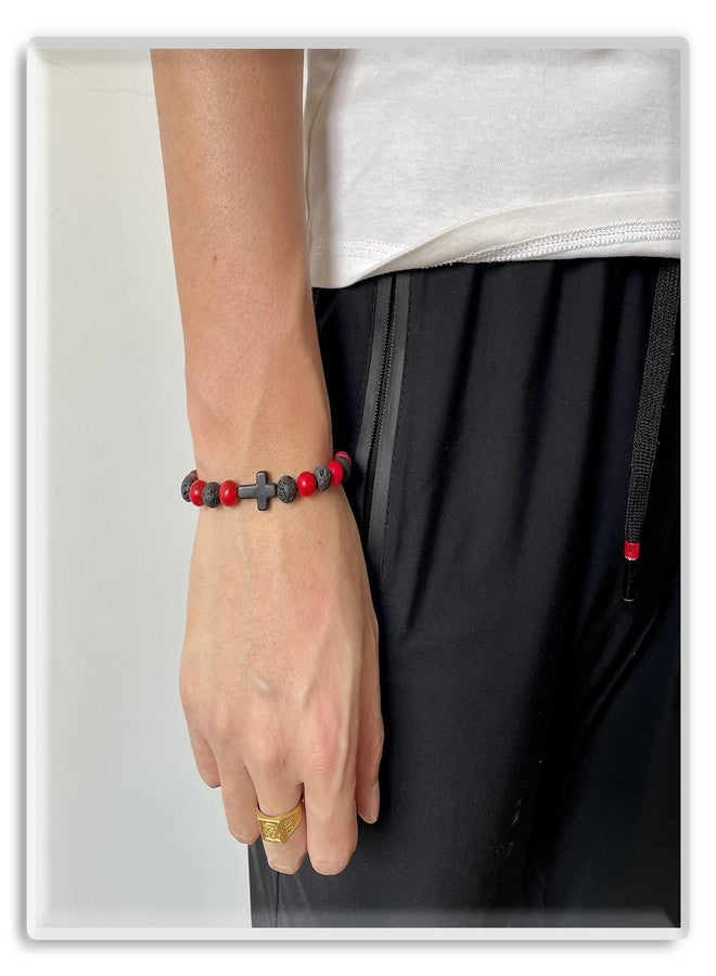 Xusamss Cross Bead Bracelet 8MM Lava Rock Turquoise Tiger Eye Onyx Stone Bracelet,7 1/2 wrist(Lava_Red Turquoise) - Image 2