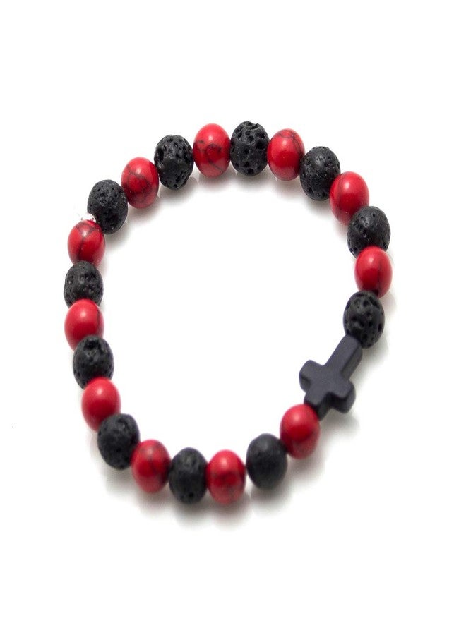 Xusamss Cross Bead Bracelet 8MM Lava Rock Turquoise Tiger Eye Onyx Stone Bracelet,7 1/2 wrist(Lava_Red Turquoise) - Image 5