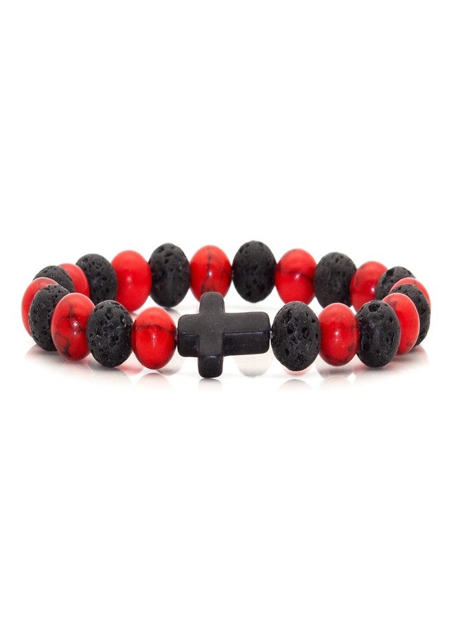 Xusamss Cross Bead Bracelet 8MM Lava Rock Turquoise Tiger Eye Onyx Stone Bracelet,7 1/2 wrist(Lava_Red Turquoise) - Image 1