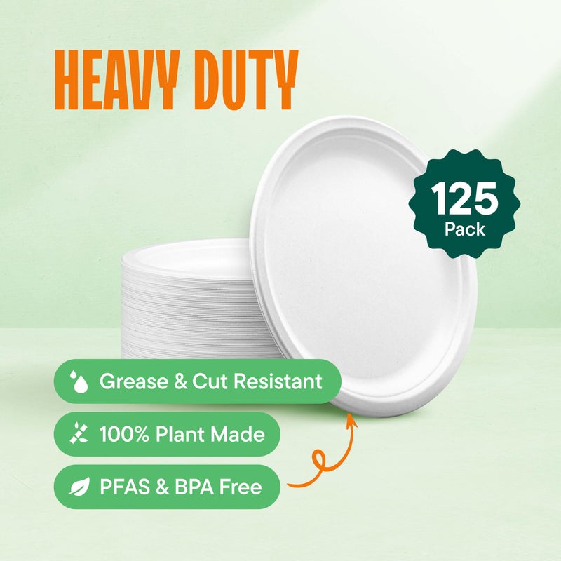 Stack Man 100% Compostable Paper Plates, Heavy Duty Disposable Plates [125-Pack] 9 Inch Plates - Eco-Friendly, Biodegradable Sugarcane Bagasse, Natural White 9" Sturdy Dinner Paper Plate Disposable - Image 2