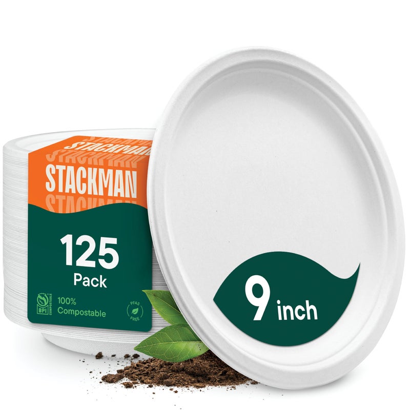 Stack Man 100% Compostable Paper Plates, Heavy Duty Disposable Plates [125-Pack] 9 Inch Plates - Eco-Friendly, Biodegradable Sugarcane Bagasse, Natural White 9" Sturdy Dinner Paper Plate Disposable - Image 1