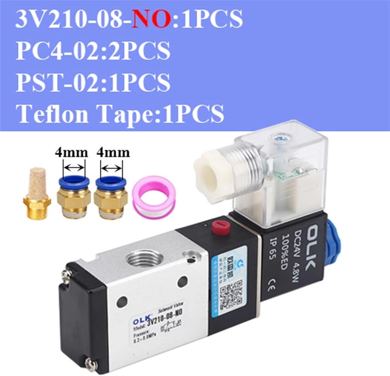 3V210-08 3 Way 2 Position 1/4" NO NC Pneumatic Solenoid Valve Air Directional Control DC12V DC24V AC110V AC220V(3V210-08-NO and 4mm,AC220V) - Image 2