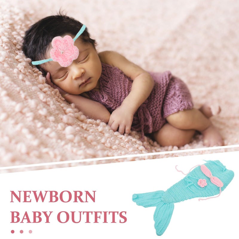 Green Handmade Crochet Mermaid Tail And Headband Set For Newborn Girl Photoshoot - Image 4