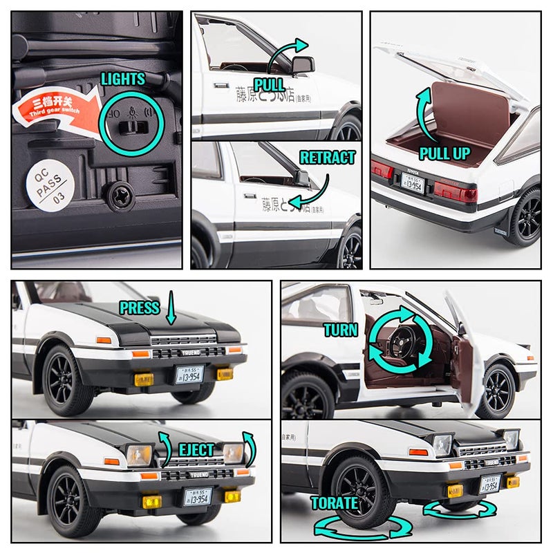 BDTCTK سيارة نموذج BDTCTK 1/24 AE86 إنشائية D سيارة كبيرة، سيارة لعبة من سبائك الزنك مع سحب للخلف مع صوت وضوء هدية للأطفال الأولاد والبنات (أسود) - Image 3