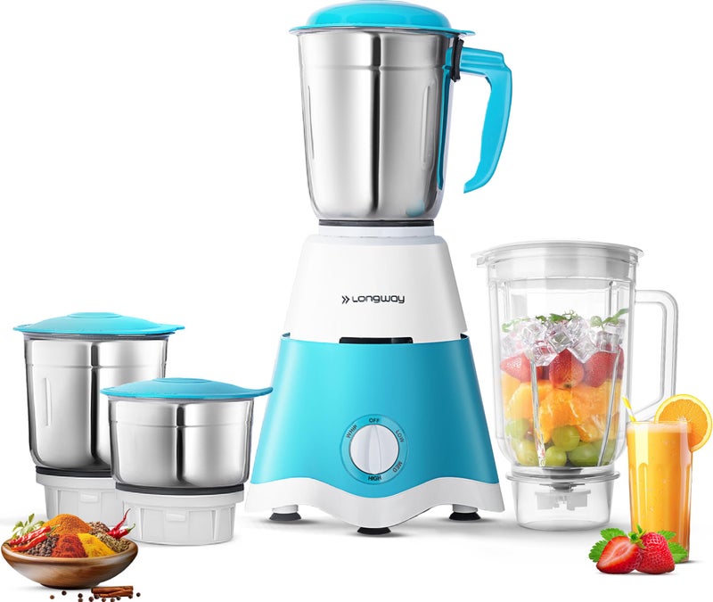 Longway Super Dlx Juicer Mixer Grinder | Up to 750 Watt Powerful Motor | 4 Jars for Grinding, Mixing, Juicing | 2 Year Warranty | Blue & White - Image 1
