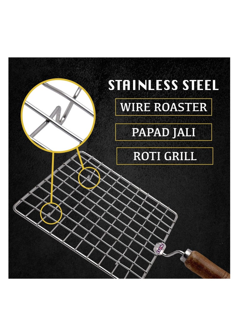 مملكة الإكسسوارات سلك متعدد الوظائف من الفولاذ المقاوم للصدأ للتبريد والتبريد والخبز، رف شواء سلكي مربع / باباد جالي / شواية روتي شكل دائري مع مقبض خشبي - Image 2