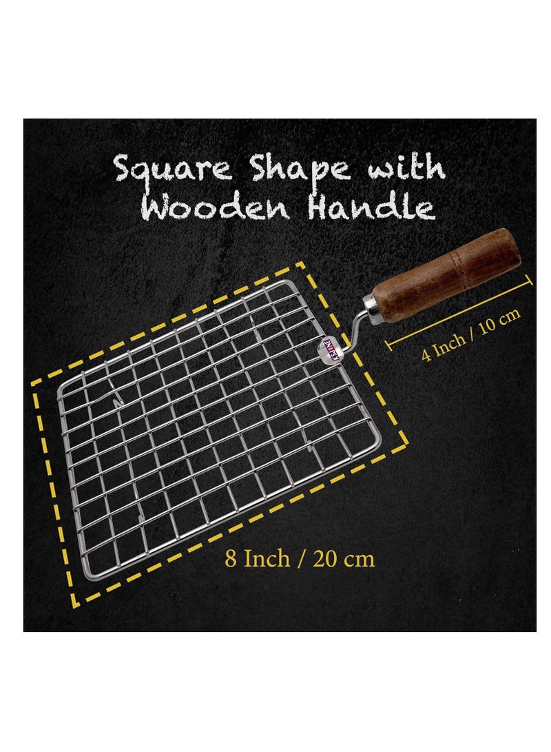 مملكة الإكسسوارات سلك متعدد الوظائف من الفولاذ المقاوم للصدأ للتبريد والتبريد والخبز، رف شواء سلكي مربع / باباد جالي / شواية روتي شكل دائري مع مقبض خشبي - Image 5