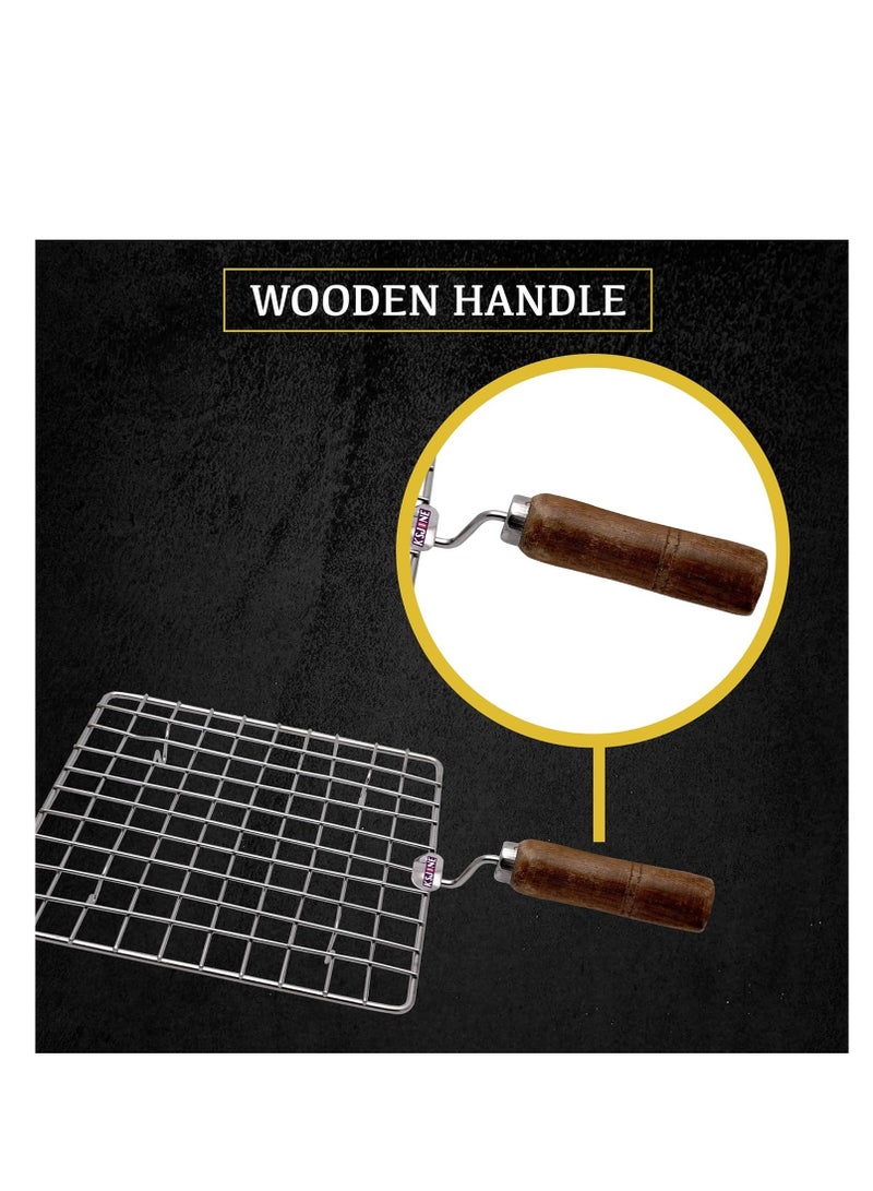 مملكة الإكسسوارات سلك متعدد الوظائف من الفولاذ المقاوم للصدأ للتبريد والتبريد والخبز، رف شواء سلكي مربع / باباد جالي / شواية روتي شكل دائري مع مقبض خشبي - Image 3