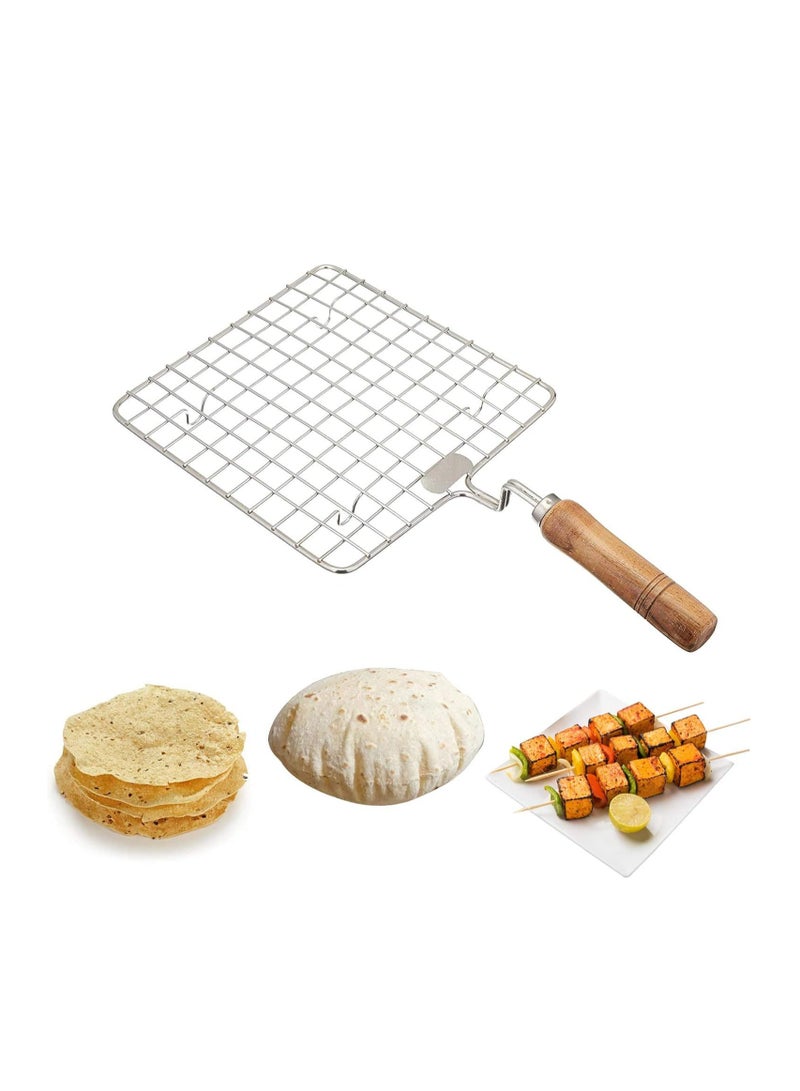 مملكة الإكسسوارات سلك متعدد الوظائف من الفولاذ المقاوم للصدأ للتبريد والتبريد والخبز، رف شواء سلكي مربع / باباد جالي / شواية روتي شكل دائري مع مقبض خشبي - Image 1