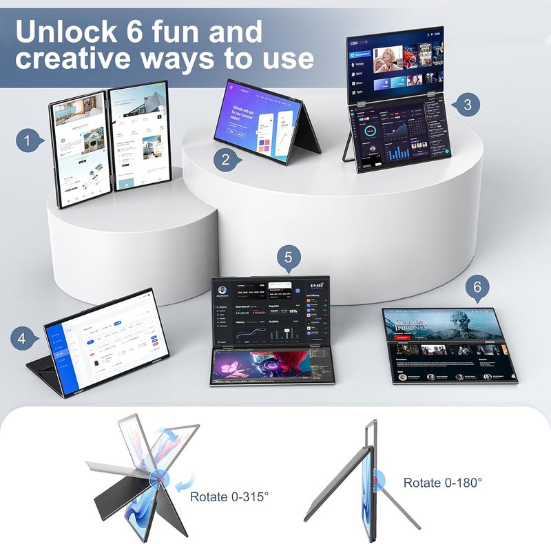 شاشة محمولة مزدوجة من INNOVIEW بحجم 15.6 بوصة بدقة FHD IPS باللون الأسود، قابلة للدوران بزاوية 315 درجة، مع منفذ USB-C/HDMI ومكبرات صوت مدمجة، قابلة للطي، موسع شاشة كمبيوتر محمول لعرض ثلاثي (Mac/Windows) - Image 5