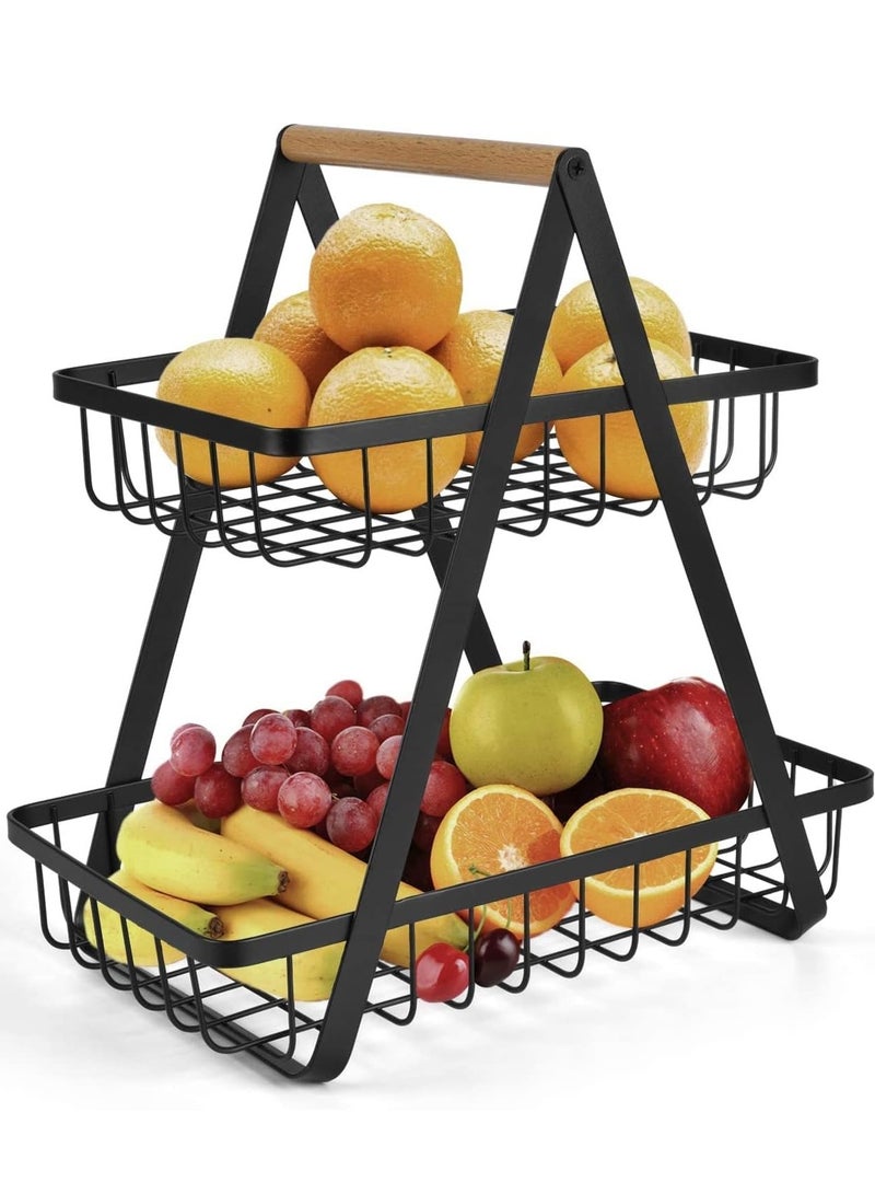 LIMOS 2-Tier Countertop Fruit Basket Storage, Vegetable Rack Bread Display Stand for Kitchen, Black - Image 1