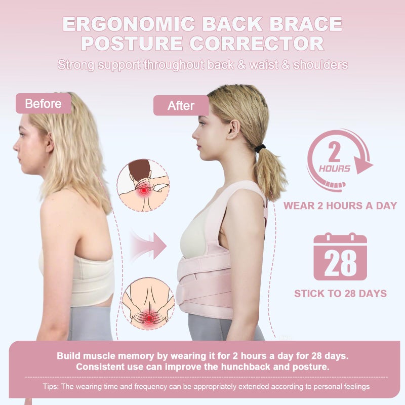 Sloworld Posture Corrector for Women and Men Upgraded Back Brace, Adjustable Back Support for Upper and Lower Back Pain Relief, Shoulder Straightener for Hunchback, Scoliosis, Lumbar, Spine (Pink, Small) - Image 2