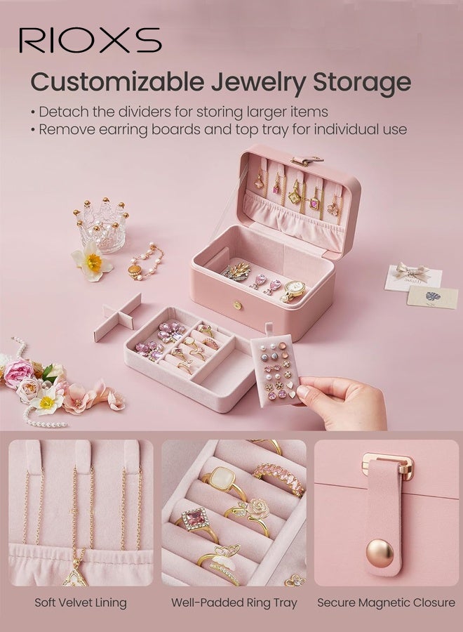 RIOXS 2 Layer Jewelry Box, Portable Travel Mini Jewelry Case  for Women, Small Lightweight Jewelry Organizer with Removable Jewelery Tray for Necklace Earrings Rings Bracelets, Waterproof PU Lather Jewelry Organizer Box for Travel Accessories, Bridesmaid Gifts, Pink - Image 5