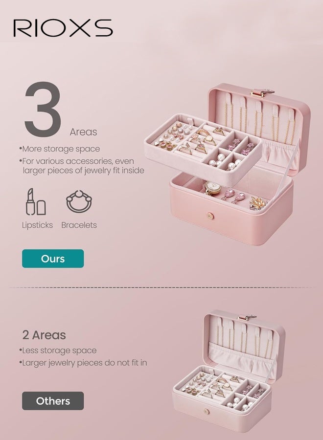 RIOXS 2 Layer Jewelry Box, Portable Travel Mini Jewelry Case  for Women, Small Lightweight Jewelry Organizer with Removable Jewelery Tray for Necklace Earrings Rings Bracelets, Waterproof PU Lather Jewelry Organizer Box for Travel Accessories, Bridesmaid Gifts, Pink - Image 4