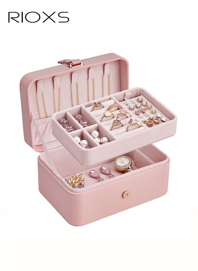 RIOXS 2 Layer Jewelry Box, Portable Travel Mini Jewelry Case  for Women, Small Lightweight Jewelry Organizer with Removable Jewelery Tray for Necklace Earrings Rings Bracelets, Waterproof PU Lather Jewelry Organizer Box for Travel Accessories, Bridesmaid Gifts, Pink - Image 1