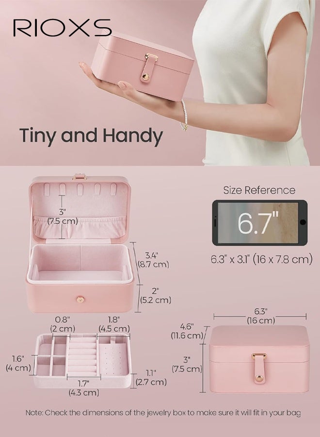 RIOXS 2 Layer Jewelry Box, Portable Travel Mini Jewelry Case  for Women, Small Lightweight Jewelry Organizer with Removable Jewelery Tray for Necklace Earrings Rings Bracelets, Waterproof PU Lather Jewelry Organizer Box for Travel Accessories, Bridesmaid Gifts, Pink - Image 3