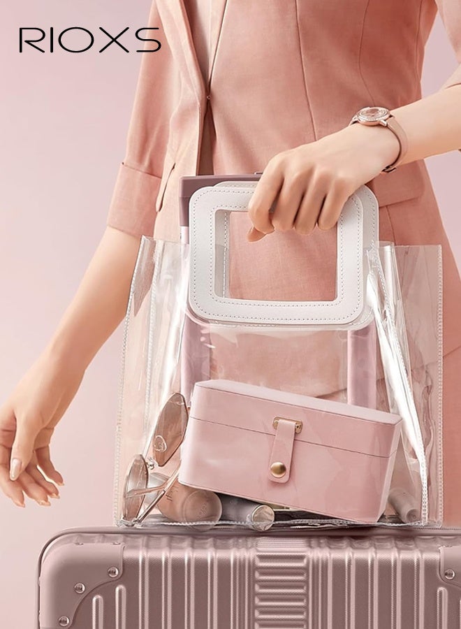 RIOXS 2 Layer Jewelry Box, Portable Travel Mini Jewelry Case  for Women, Small Lightweight Jewelry Organizer with Removable Jewelery Tray for Necklace Earrings Rings Bracelets, Waterproof PU Lather Jewelry Organizer Box for Travel Accessories, Bridesmaid Gifts, Pink - Image 2