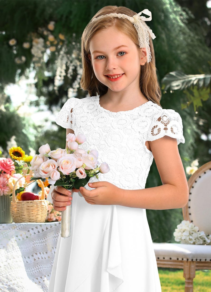 HOSIKA Girls White Dress Flower Lace Chiffon Flutter Sleeves A-Line Maxi Wedding First Communion Dresses for 6-7 Years - Image 4